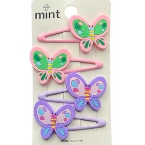 Mint Kids 4 Pack Butterfly Snap Hair Clips Pink Purple Pastel Rubberized Clips